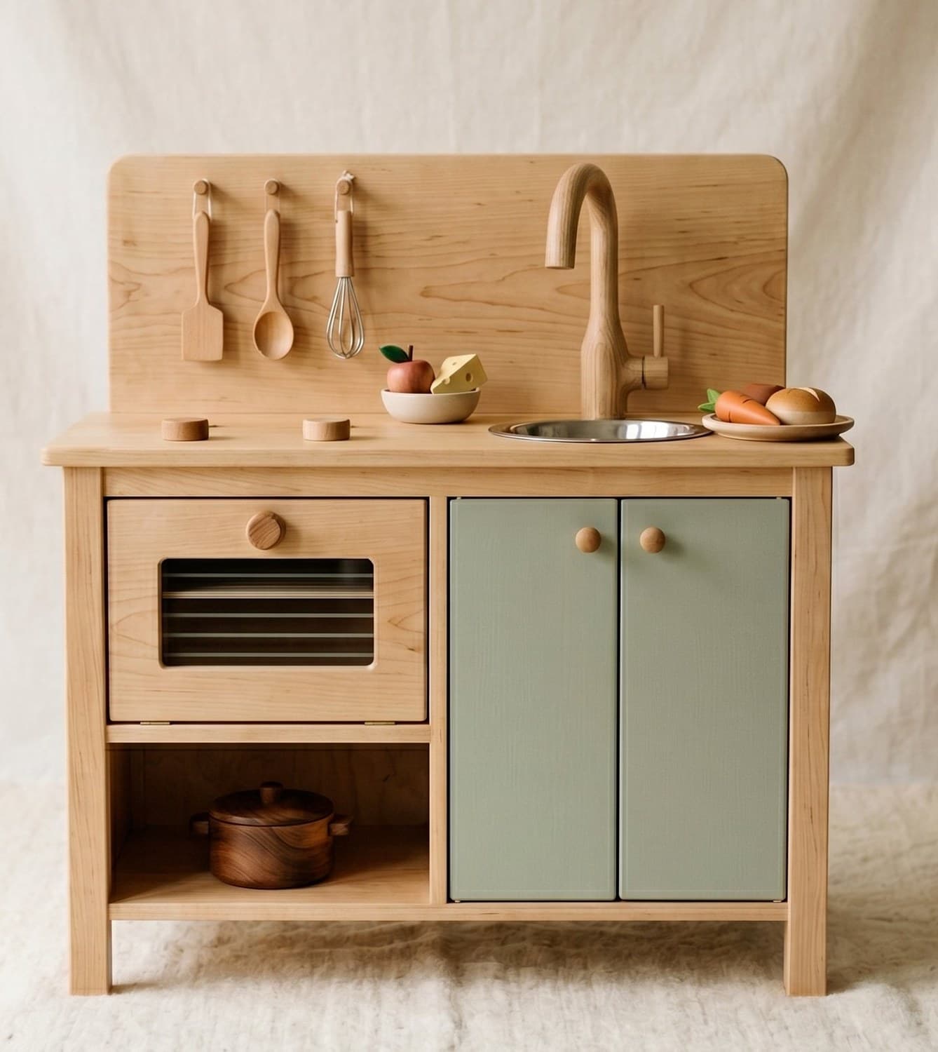 Sprigby wooden play kitchen in solid maple with sage-green cabinet doors